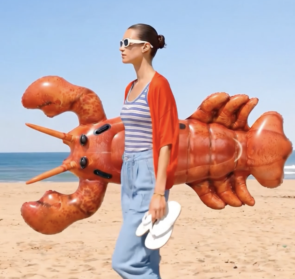Eine Frau mit einem Hummer am Strand