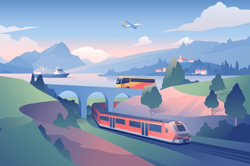 Eine Landschaft mit einem Zug, Bus, Flugzeug